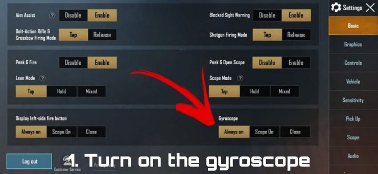 pubg control codes after patch PUBG Mobile gyroscope settings menu with phone tilt