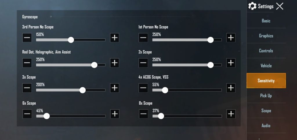 pubg control codes and ads settings PUBG Mobile gyroscope settings menu screenshot