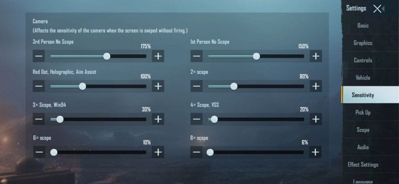 pubg control codes and camera settings PUBG mobile camera sensitivity settings menu screenshot