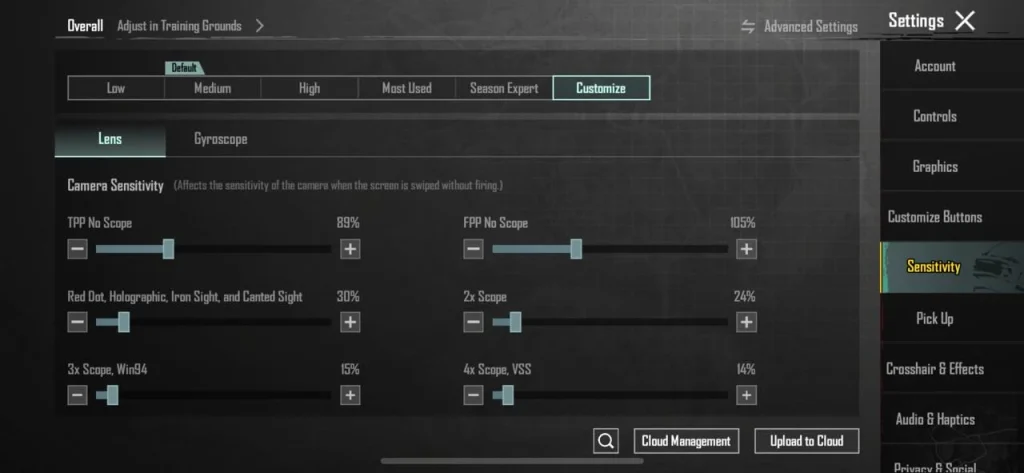 pubg control codes for recoil control PUBG Mobile recoil control settings screenshot with sensitivity sliders