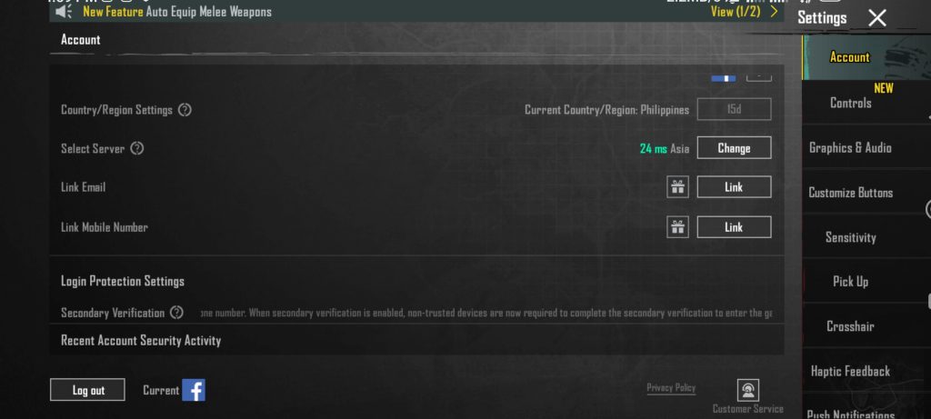 pubg control codes import failed PUBG Mobile account login settings screen