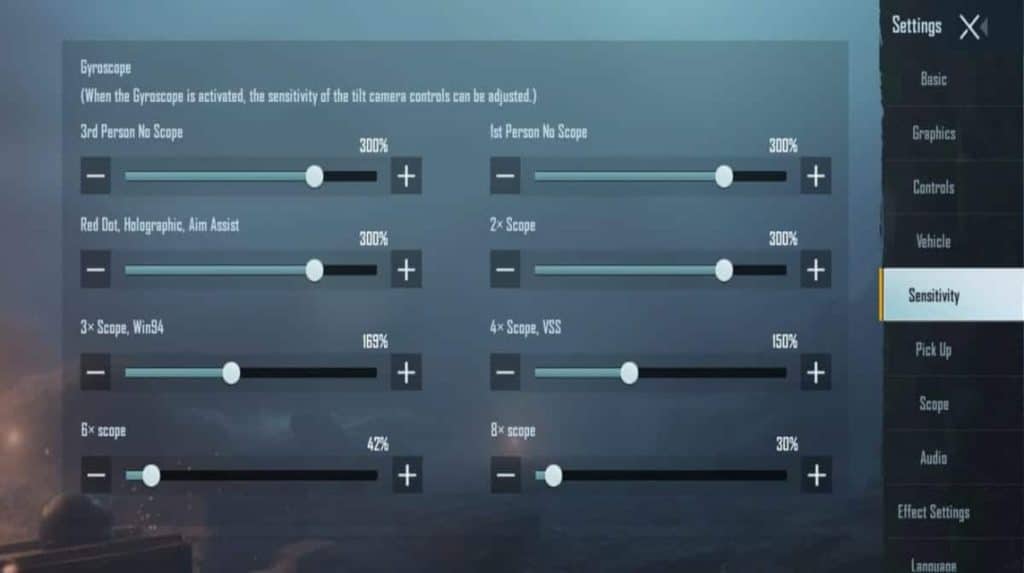 pubg gyro layout code PUBG Mobile gyro sensitivity settings menu screenshot
