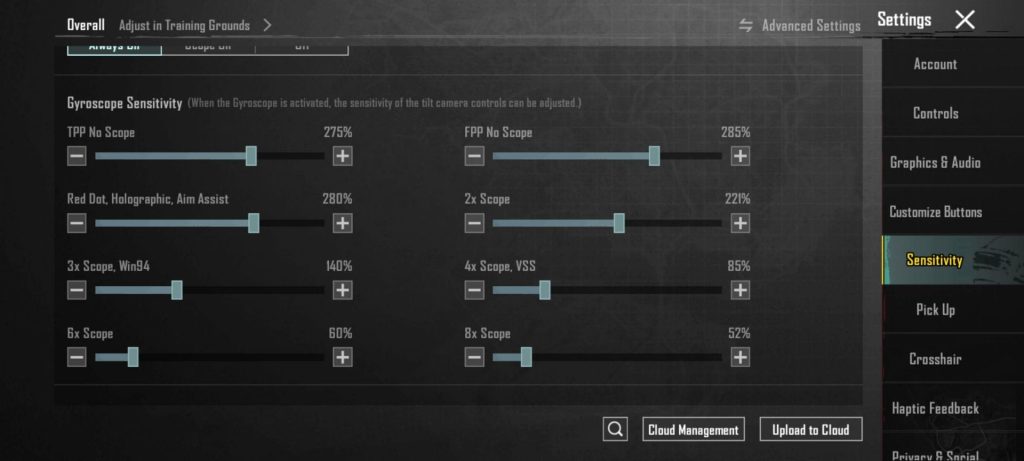 bgmi control codes 2026 BGMI gyro control layout settings screen
