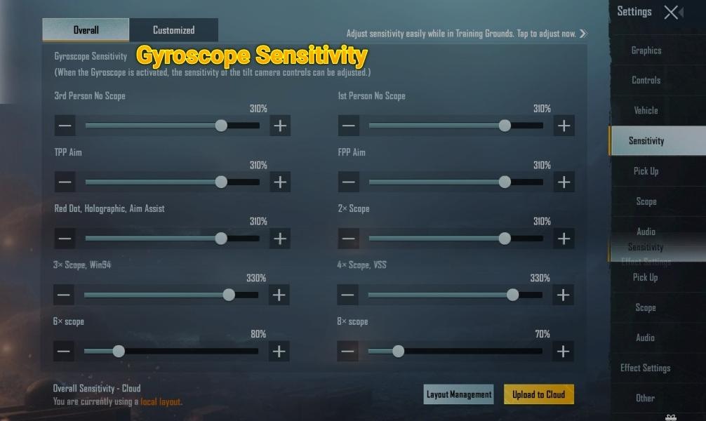 bgmi control codes BGMI gyroscope sensitivity settings screen