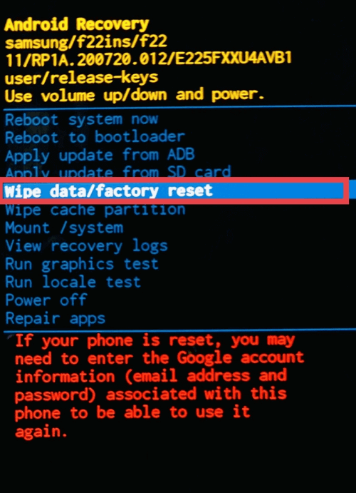 how to reset pubg control codes Android factory reset confirmation screen with warning