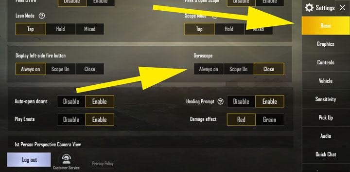 pubg control codes beginner tutorial PUBG Mobile gyroscope sensitivity settings menu
