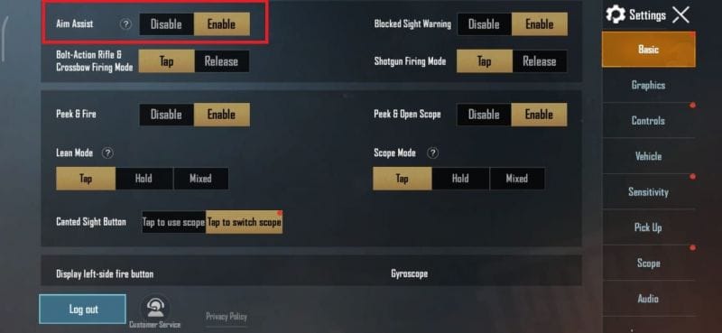 pubg control codes for aim assist PUBG Mobile control codes aim assist settings screenshot