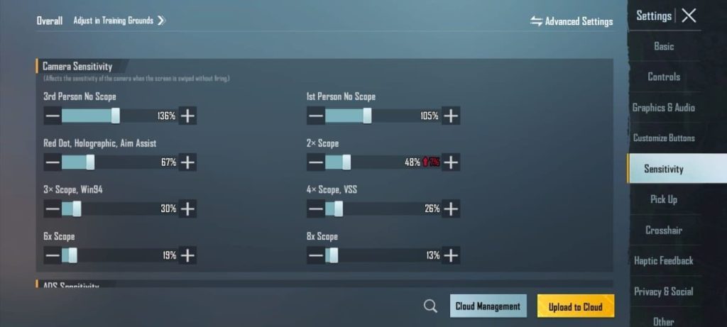 pubg control codes for beginners guide PUBG Mobile sensitivity settings graph showing camera and ADS percentages