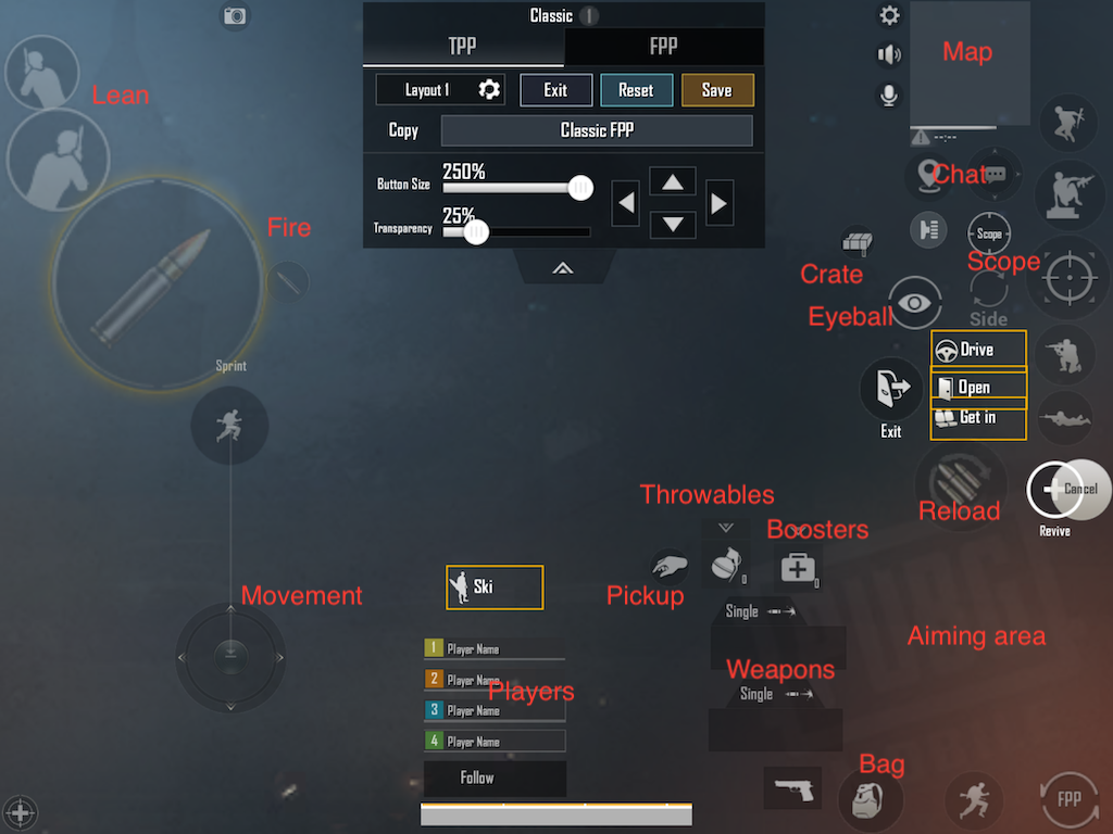 pubg control codes for metro royale PUBG Mobile peek and shoot control layout with labeled buttons