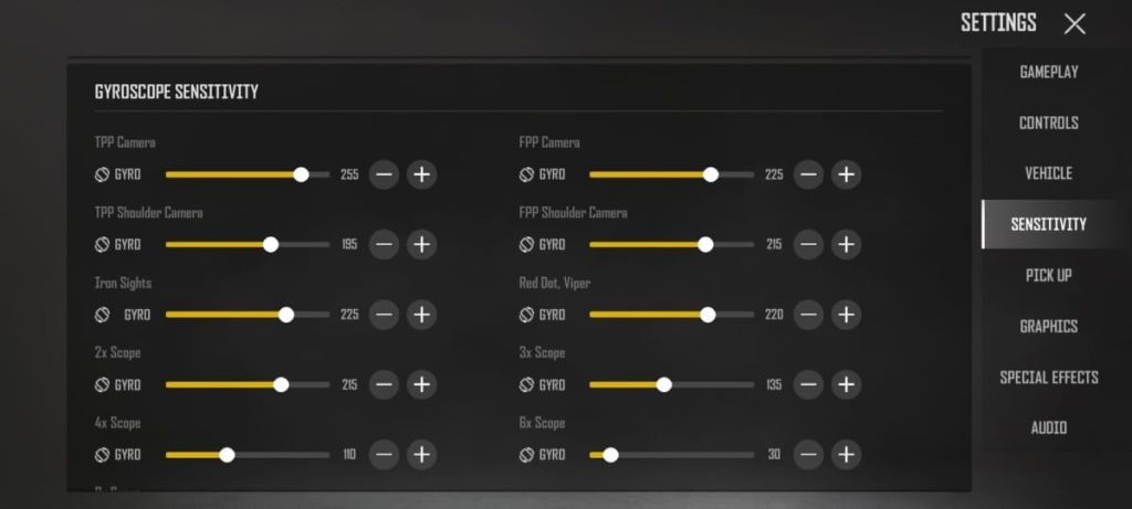 pubg control codes for new state PUBG New State gyroscope sensitivity settings menu