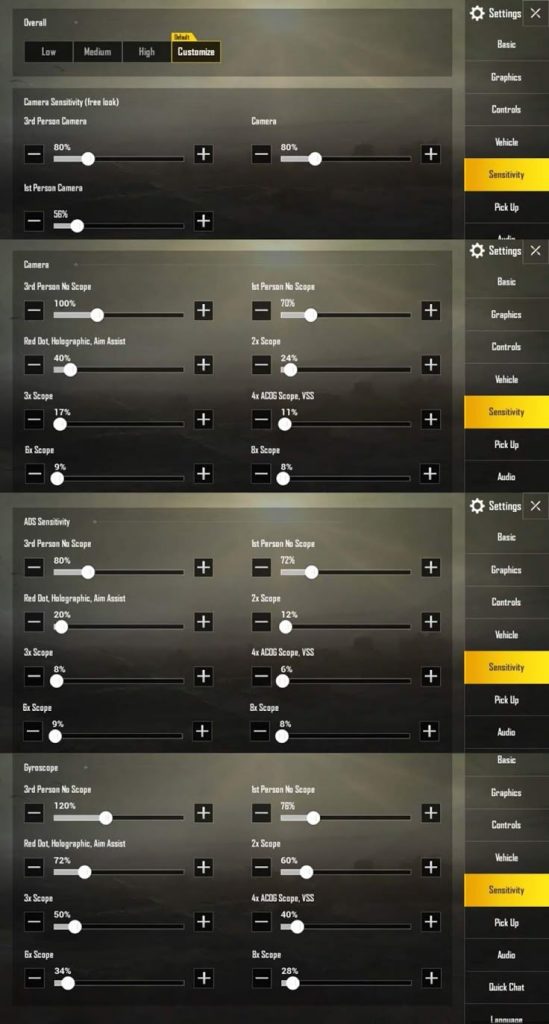 pubg control codes for ranked push PUBG Mobile gyroscope sensitivity settings screen on a phone showing tilt controls