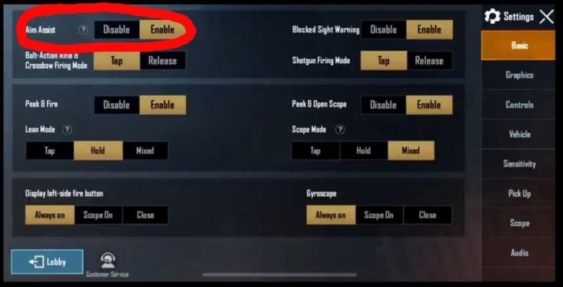 pubg control codes for smooth aim PUBG Mobile aim assist settings menu open