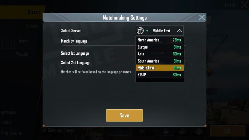 pubg mobile control codes not working PUBG Mobile server selection screen showing different regions