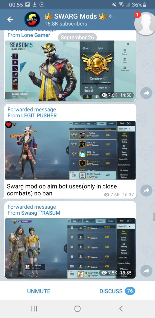 PUBG Mobile control codes Telegram channel screenshot