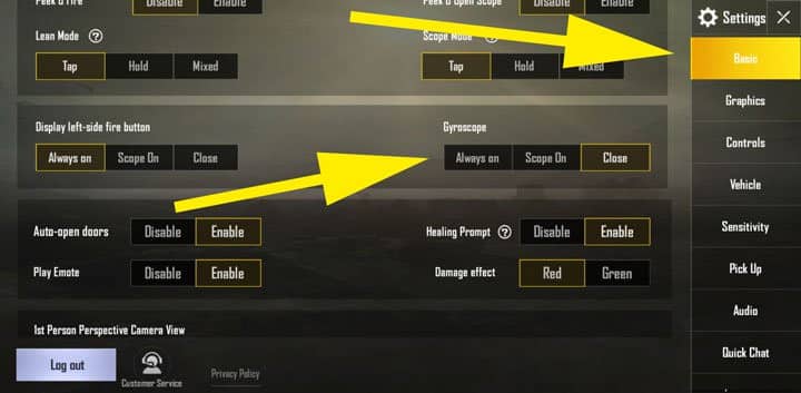 pubg mobile control codes updated PUBG Mobile gyroscope control code settings interface